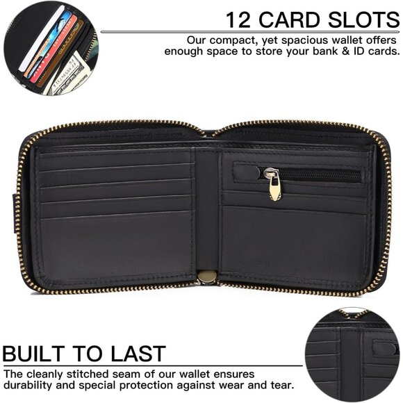🆕Men's Black Genuine Leather Wallet RFID Blocking Zipper Coin Pocket ID Window - Picture 4 of 6